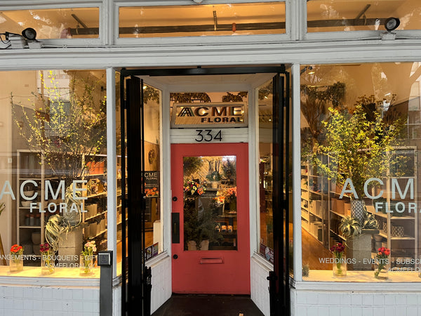 this is a picture of our flower shop here in San Francisco with the bright fuchsia door big windows, lots and lots of activity inside