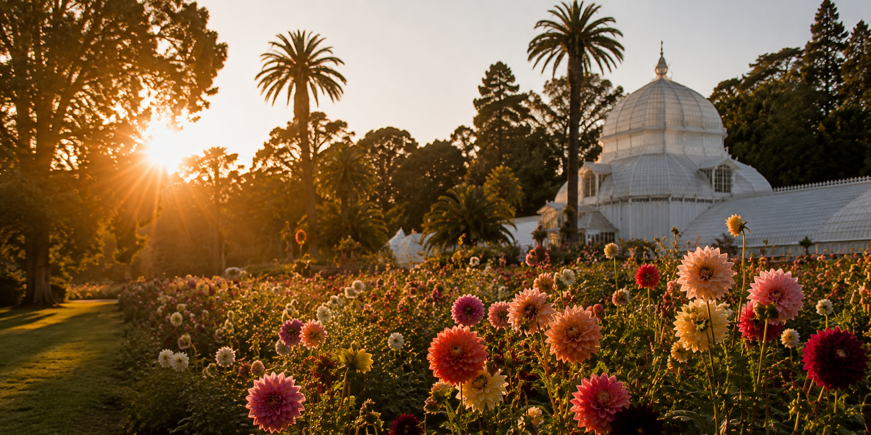 A scenic landscape photograph of a white domed greenhouse in a lush garden at sunset, with rows of colorful dahlia flowers in the foreground, palm trees, and warm golden sunlight filtering through the trees. dahlias at the conservatory of flowers San Francisco. 