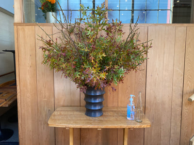 fall tones oak leaves with pushy willow in large black metal vase by acme floral co.